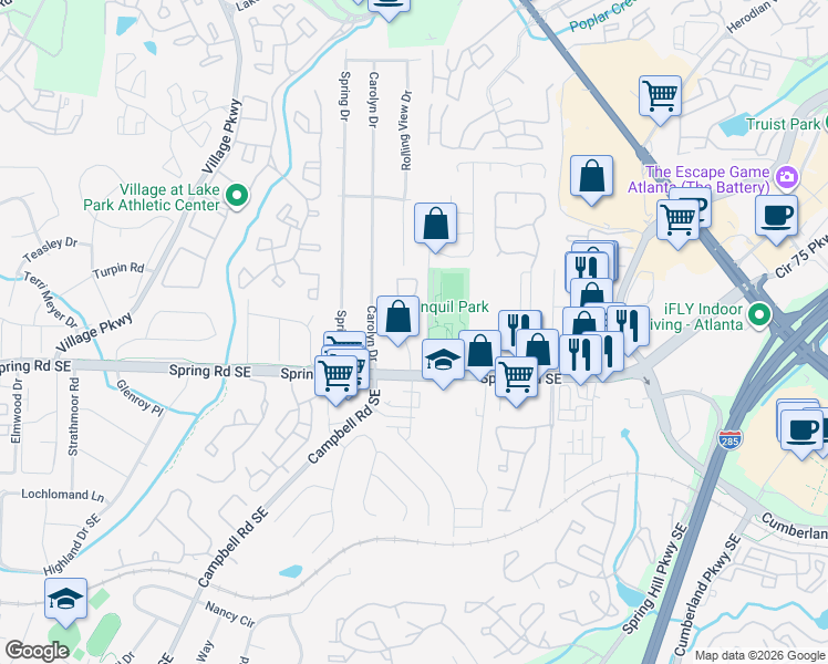 map of restaurants, bars, coffee shops, grocery stores, and more near 2424 Farmstead Circle in Smyrna