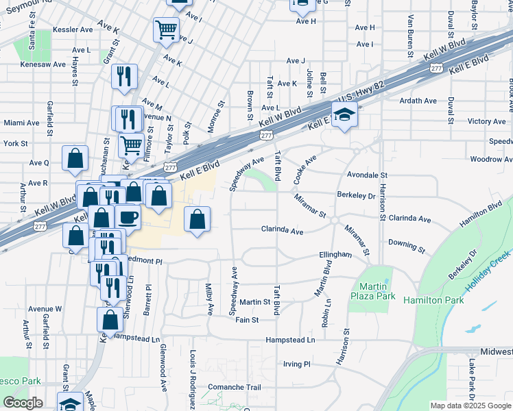 map of restaurants, bars, coffee shops, grocery stores, and more near 2410 Cambridge Avenue in Wichita Falls