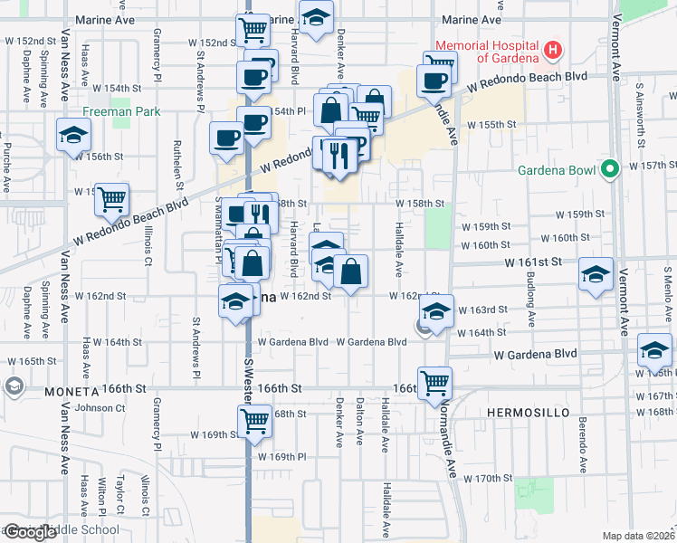 map of restaurants, bars, coffee shops, grocery stores, and more near 16021 Denker Avenue in Gardena