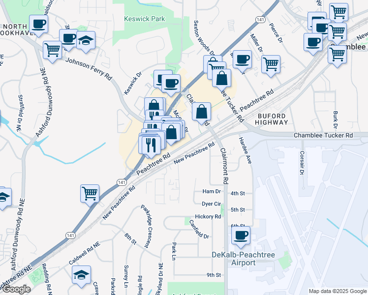 map of restaurants, bars, coffee shops, grocery stores, and more near 5023 Peachtree Road in Chamblee