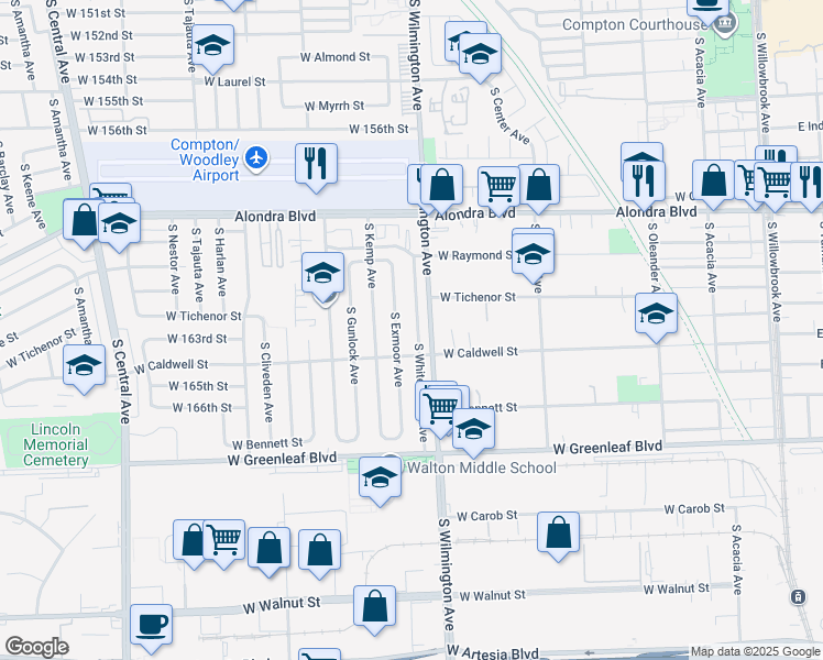 map of restaurants, bars, coffee shops, grocery stores, and more near 1123 South Whitemarsh Avenue in Compton