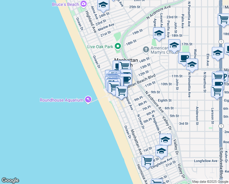 map of restaurants, bars, coffee shops, grocery stores, and more near Marvin Braude Bike Trail in Manhattan Beach