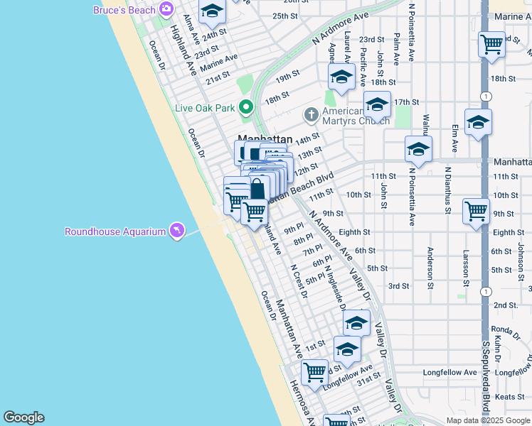 map of restaurants, bars, coffee shops, grocery stores, and more near 1104 Highland Avenue in Manhattan Beach