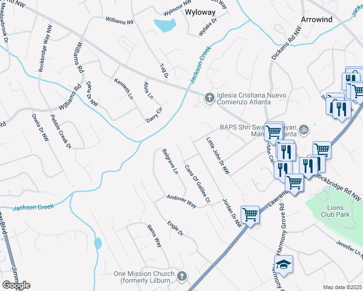 map of restaurants, bars, coffee shops, grocery stores, and more near 554 Cana Of Galilee Court in Tucker
