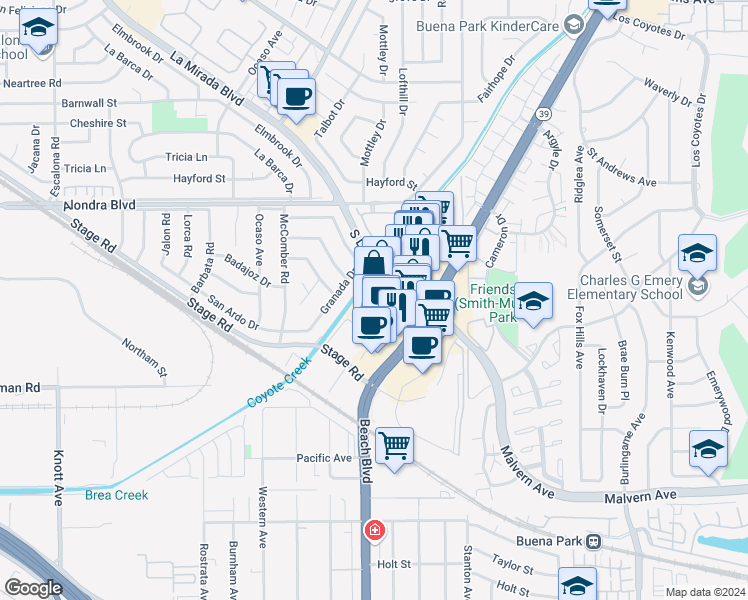 map of restaurants, bars, coffee shops, grocery stores, and more near 5307 Beach Boulevard in Buena Park