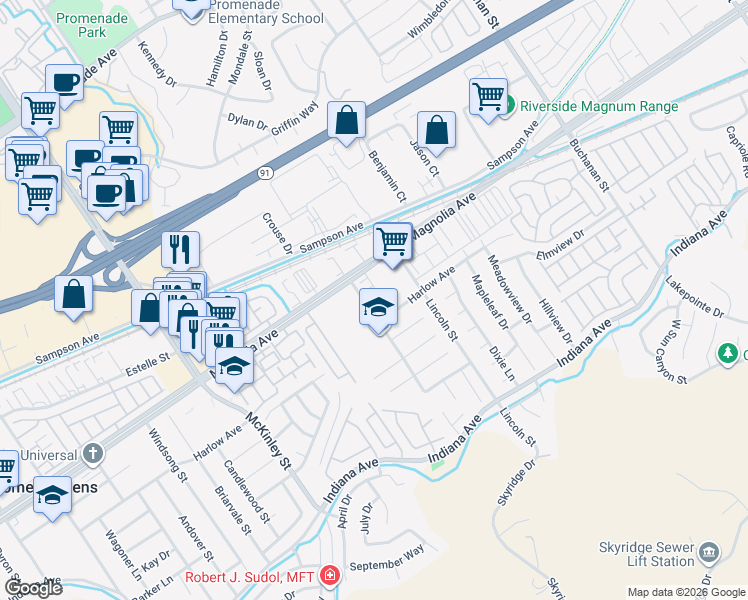 map of restaurants, bars, coffee shops, grocery stores, and more near 3741 Harvill Lane in Riverside