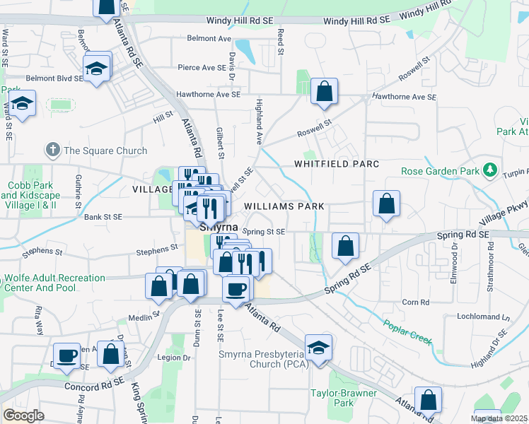 map of restaurants, bars, coffee shops, grocery stores, and more near 2792 Morris Circle in Smyrna