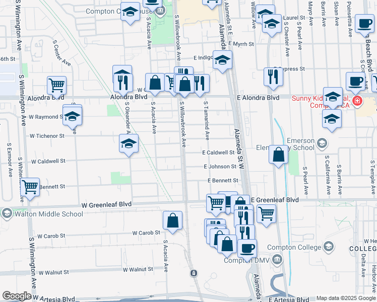 map of restaurants, bars, coffee shops, grocery stores, and more near 101 East Caldwell Street in Compton