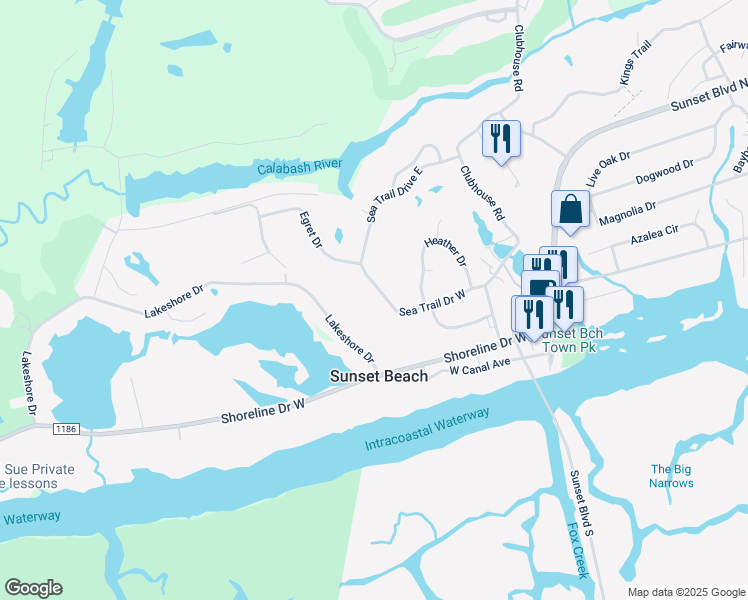 map of restaurants, bars, coffee shops, grocery stores, and more near 399 Sea Trail Drive West in Sunset Beach