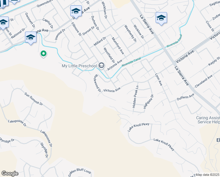 map of restaurants, bars, coffee shops, grocery stores, and more near 11541 Victoria Avenue in Riverside