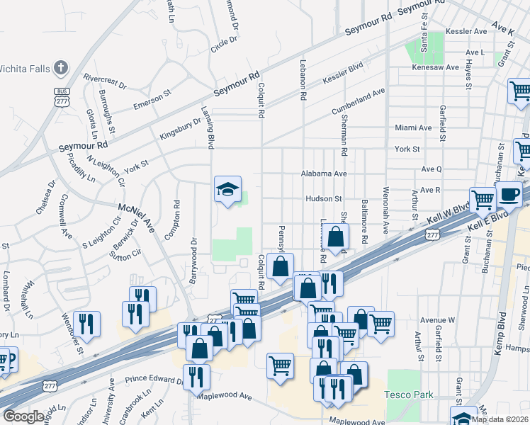 map of restaurants, bars, coffee shops, grocery stores, and more near 2806 Colquit Road in Wichita Falls