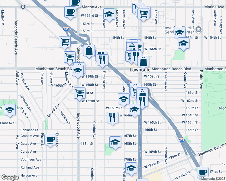 map of restaurants, bars, coffee shops, grocery stores, and more near 4545 161st Street in Lawndale