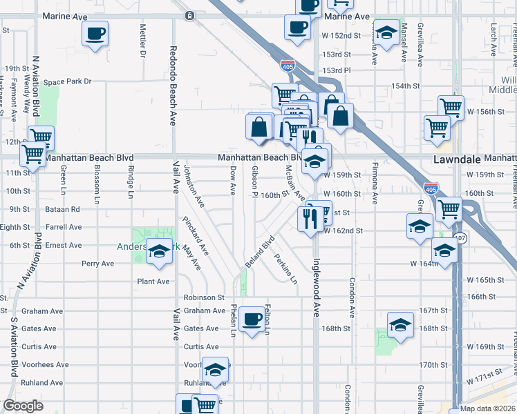 map of restaurants, bars, coffee shops, grocery stores, and more near 3306 Gibson Place in Redondo Beach