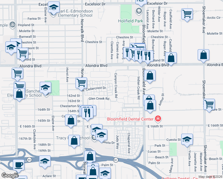 map of restaurants, bars, coffee shops, grocery stores, and more near 12418 Runningcreek Lane in Cerritos