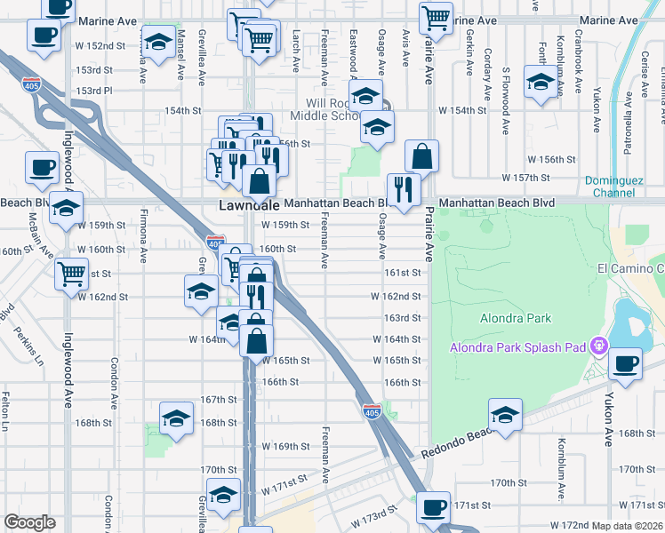 map of restaurants, bars, coffee shops, grocery stores, and more near 4168 160th Street in Lawndale