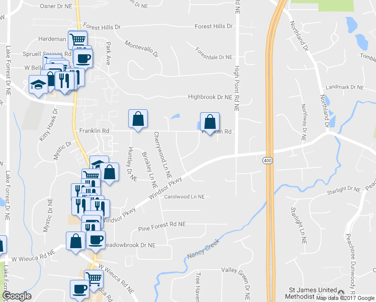 map of restaurants, bars, coffee shops, grocery stores, and more near 4840 Lansbury Drive Northeast in Atlanta