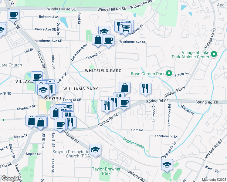 map of restaurants, bars, coffee shops, grocery stores, and more near 2792 Mathews Street in Smyrna