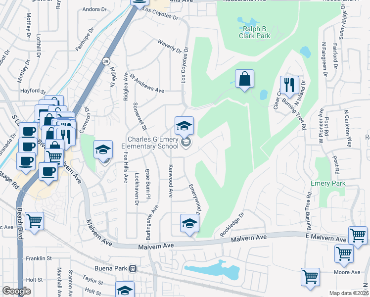 map of restaurants, bars, coffee shops, grocery stores, and more near 8600 Somerset Street in Buena Park