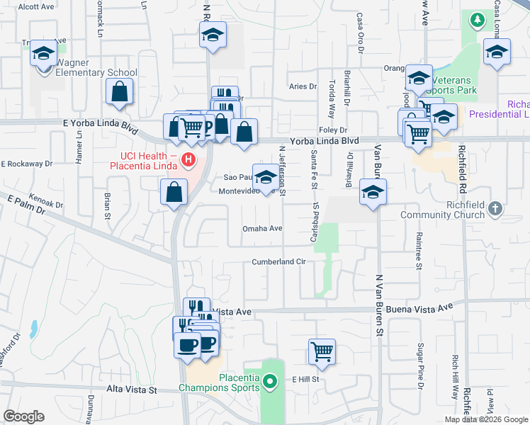map of restaurants, bars, coffee shops, grocery stores, and more near 1255 Bering Street in Placentia