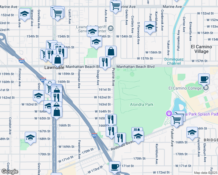 map of restaurants, bars, coffee shops, grocery stores, and more near 16015 Prairie Avenue in Lawndale