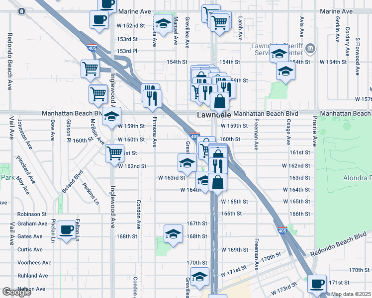map of restaurants, bars, coffee shops, grocery stores, and more near 4451 161st Street in Lawndale