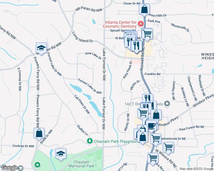 map of restaurants, bars, coffee shops, grocery stores, and more near 4757 Lake Forrest Drive Northwest in Atlanta