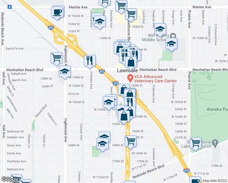 map of restaurants, bars, coffee shops, grocery stores, and more near 4451 161st Street in Lawndale