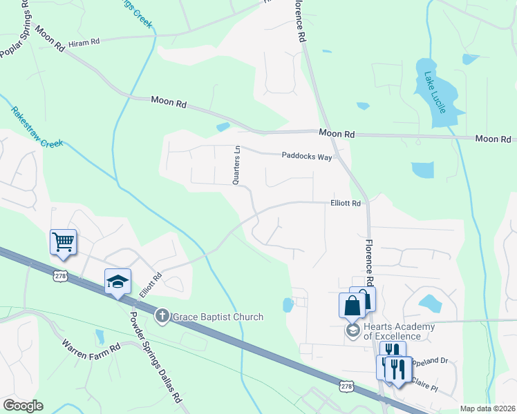 map of restaurants, bars, coffee shops, grocery stores, and more near 5390 Elliott Road in Powder Springs