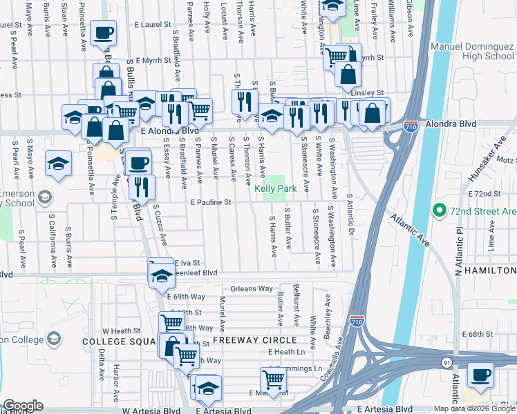 map of restaurants, bars, coffee shops, grocery stores, and more near 4040 E Pauline St in Compton