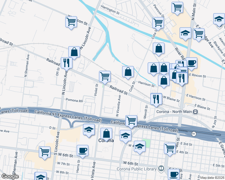 map of restaurants, bars, coffee shops, grocery stores, and more near 826 Railroad Street in Corona