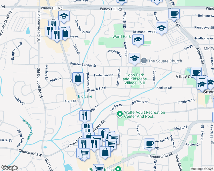 map of restaurants, bars, coffee shops, grocery stores, and more near 805 Bank Street Southeast in Smyrna