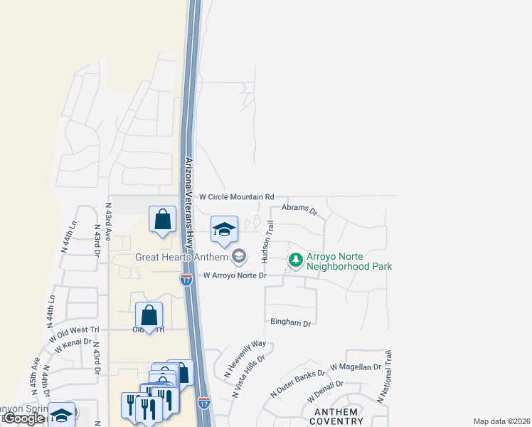 map of restaurants, bars, coffee shops, grocery stores, and more near 44044 Hudson Trail in New River
