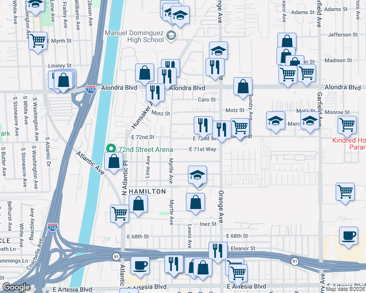 map of restaurants, bars, coffee shops, grocery stores, and more near 1040 East 72nd Street in Long Beach