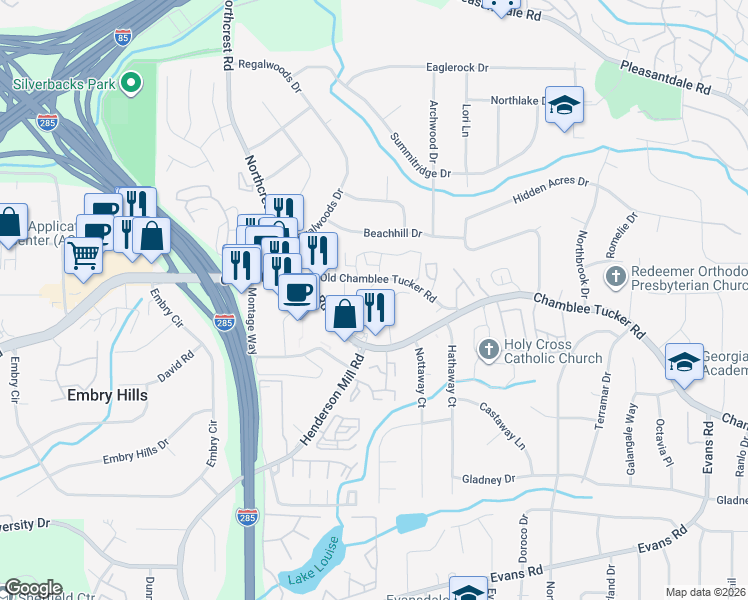 map of restaurants, bars, coffee shops, grocery stores, and more near 3543 Old Chamblee Tucker Road in Doraville