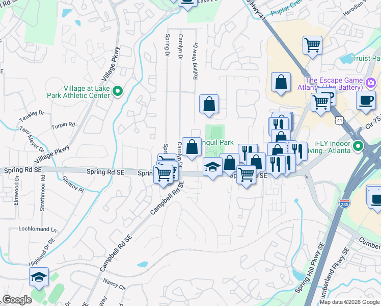 map of restaurants, bars, coffee shops, grocery stores, and more near 2773 Carolyn Drive in Smyrna