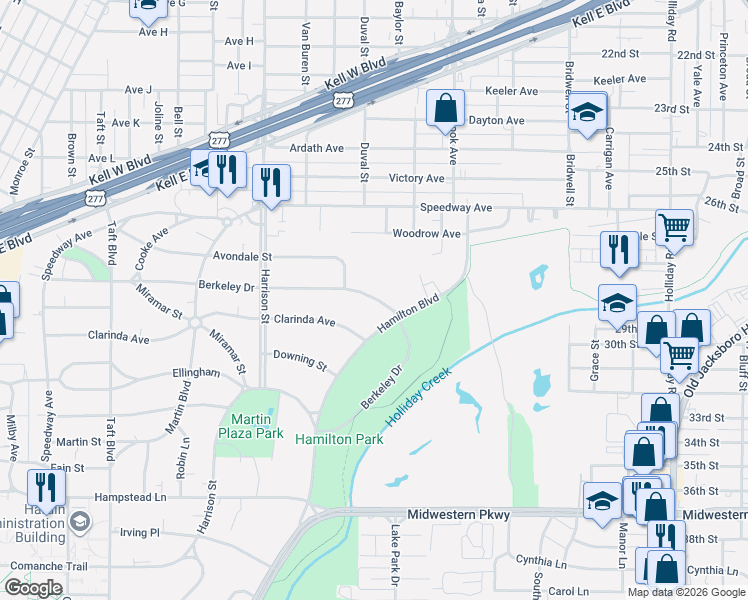 map of restaurants, bars, coffee shops, grocery stores, and more near 2710 Hamilton Boulevard in Wichita Falls