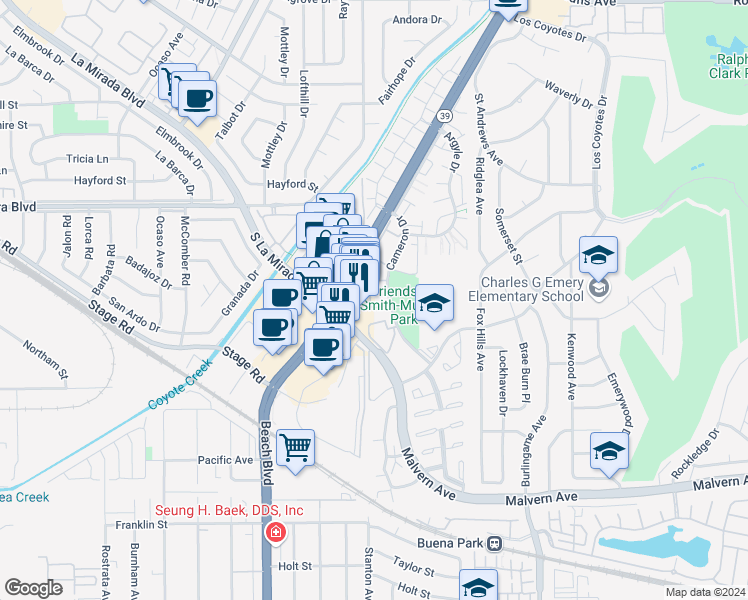 map of restaurants, bars, coffee shops, grocery stores, and more near 5429 Mead Drive in Buena Park
