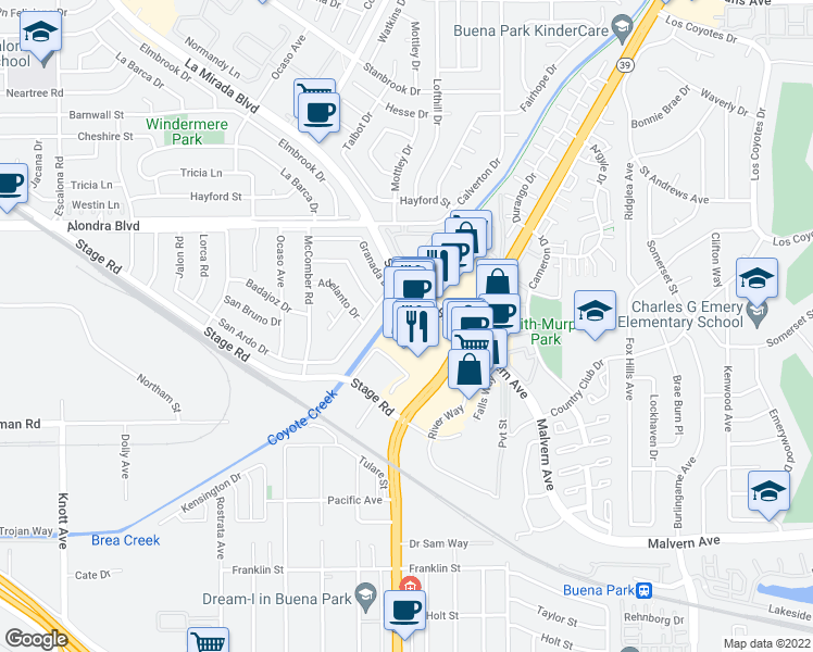 map of restaurants, bars, coffee shops, grocery stores, and more near 5307 Beach Boulevard in Buena Park