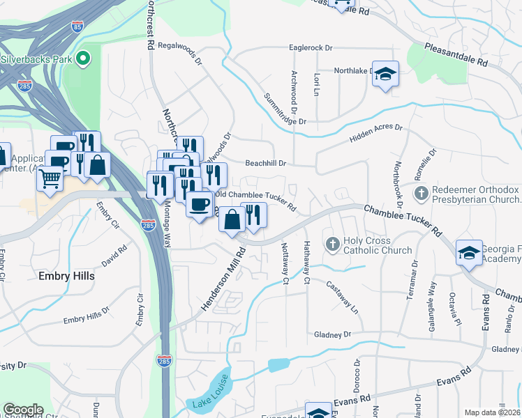 map of restaurants, bars, coffee shops, grocery stores, and more near 3543 Old Chamblee Tucker Road in Doraville
