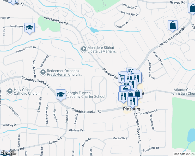 map of restaurants, bars, coffee shops, grocery stores, and more near 3292 Westmart Lane in Doraville