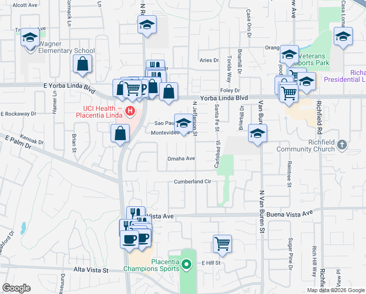 map of restaurants, bars, coffee shops, grocery stores, and more near 1255 Bering Street in Placentia