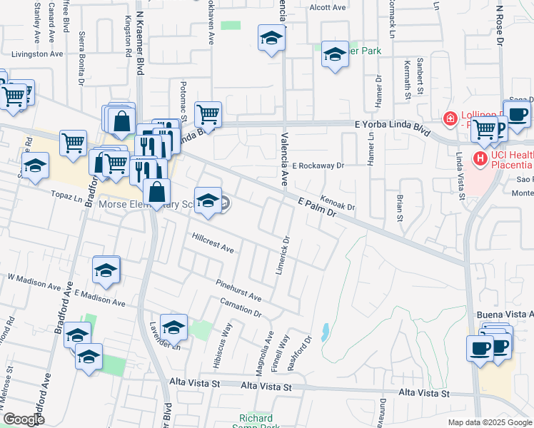 map of restaurants, bars, coffee shops, grocery stores, and more near 1347 Orleans Drive in Placentia