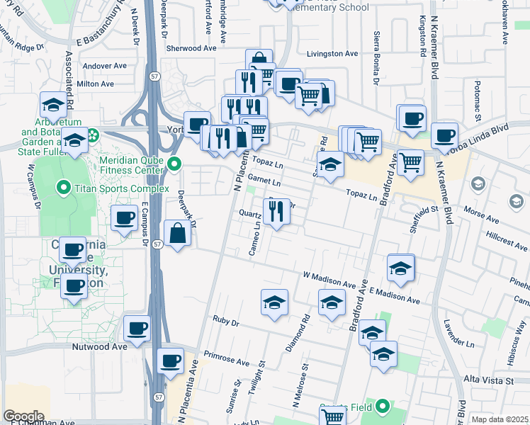 map of restaurants, bars, coffee shops, grocery stores, and more near 3101 Quartz Lane in Fullerton