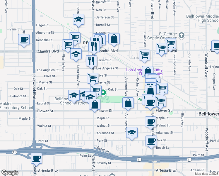 map of restaurants, bars, coffee shops, grocery stores, and more near 9519 Oak Street in Bellflower