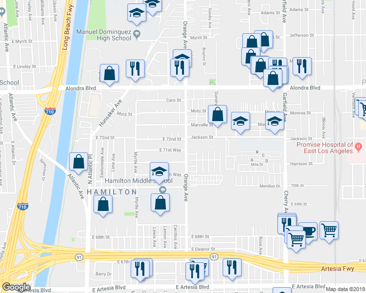map of restaurants, bars, coffee shops, grocery stores, and more near 7187 Orange Avenue in Long Beach