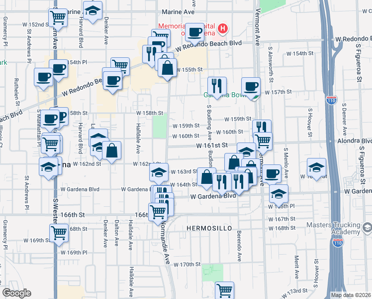 map of restaurants, bars, coffee shops, grocery stores, and more near 1248 West 161st Street in Gardena