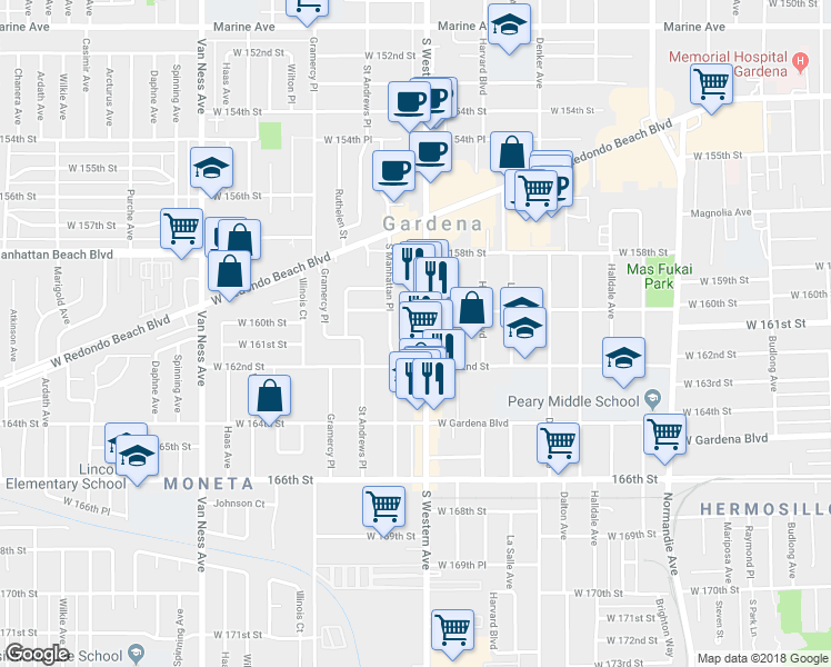 map of restaurants, bars, coffee shops, grocery stores, and more near 16025 South Western Avenue in Gardena