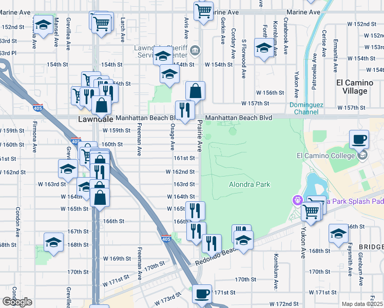 map of restaurants, bars, coffee shops, grocery stores, and more near 16015 Prairie Avenue in Lawndale