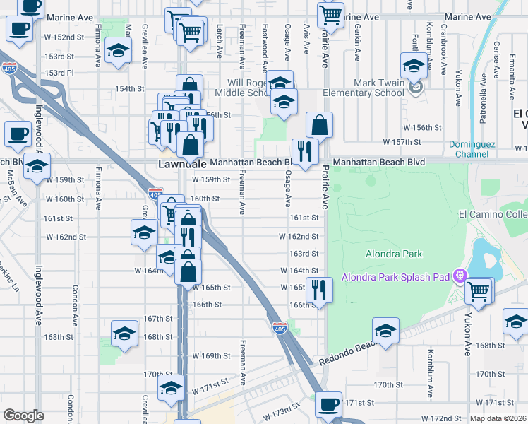 map of restaurants, bars, coffee shops, grocery stores, and more near 4124 160th Street in Lawndale