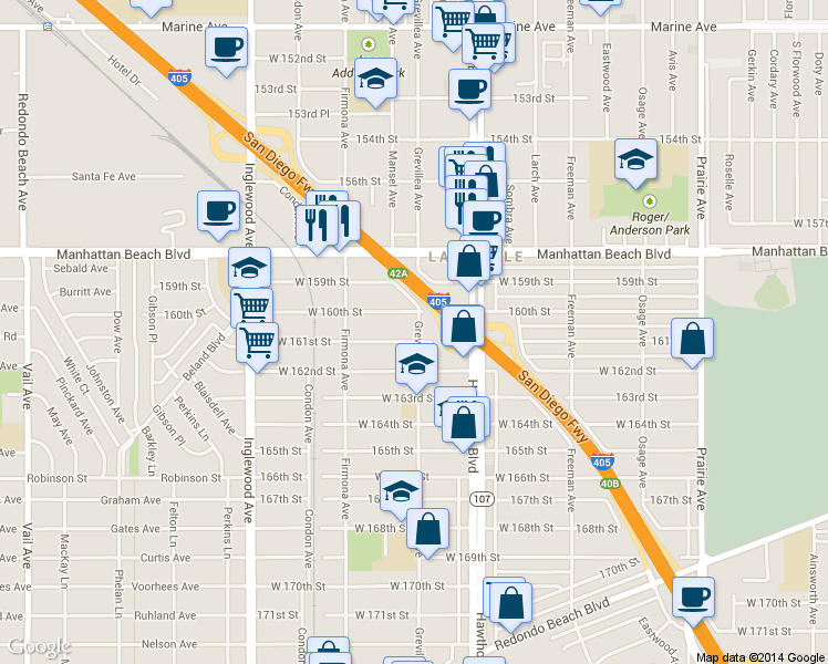 map of restaurants, bars, coffee shops, grocery stores, and more near 4451 161st Street in Lawndale